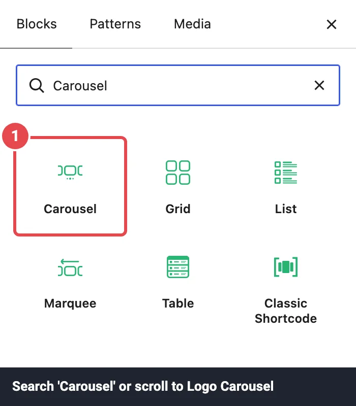 Carousel block in the block inserter
