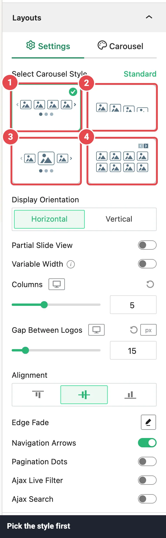 Layouts panel — carousel style picker