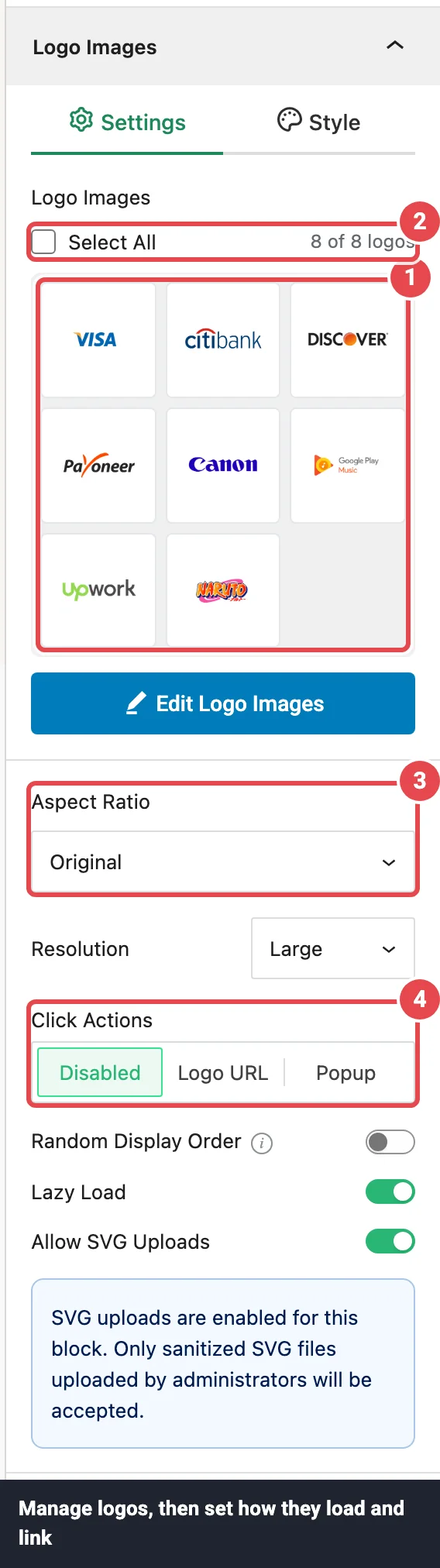 Logo Images panel — Settings tab