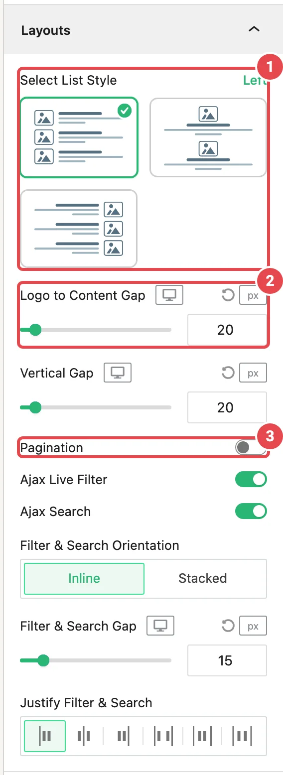 List Layouts panel