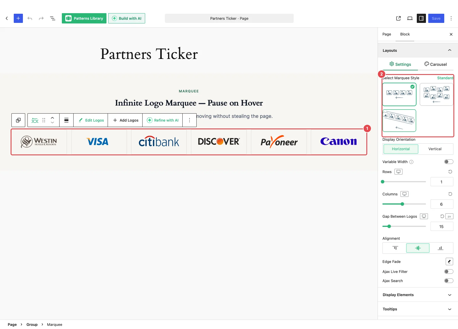 Marquee block scrolling a row of logos in the editor