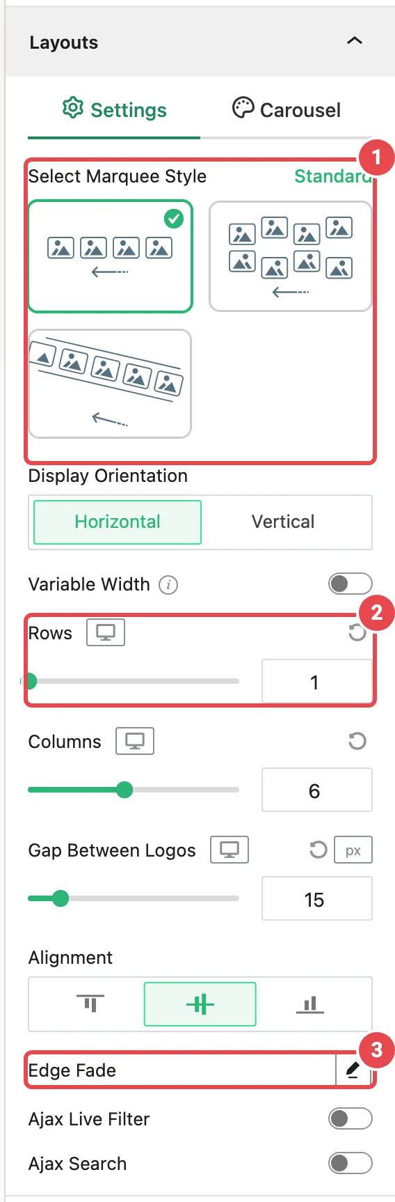 Marquee Layouts panel, Settings tab