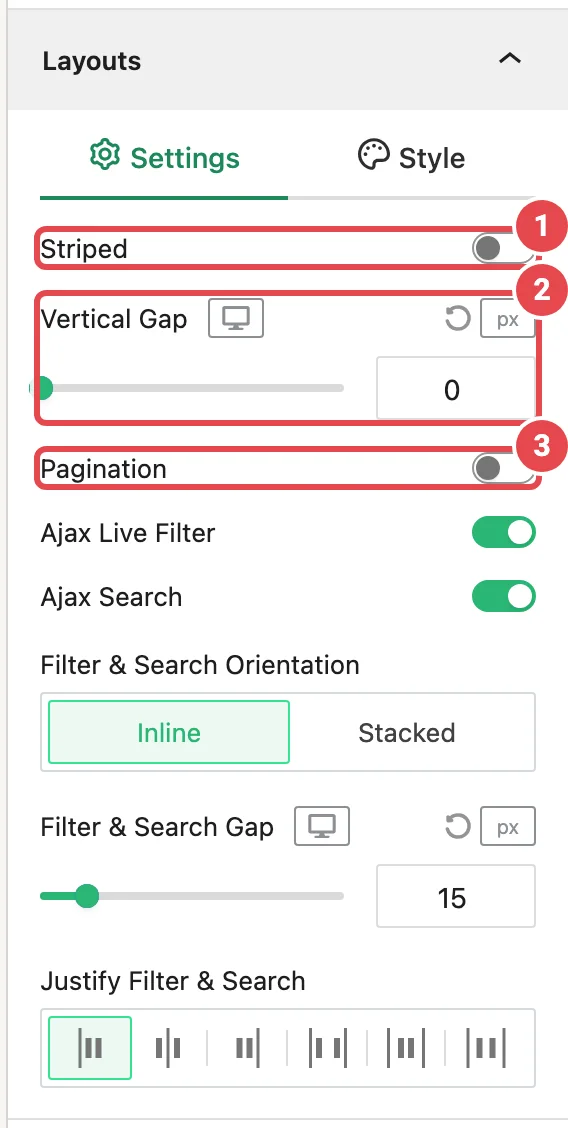 Table Layouts panel, Settings tab
