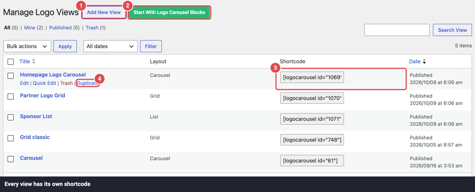 Manage Views list