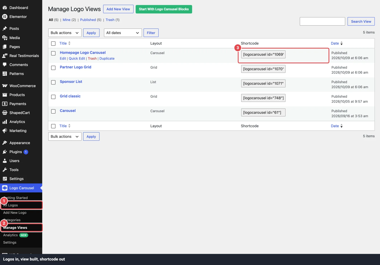 The classic workflow: logos, a view, and its shortcode
