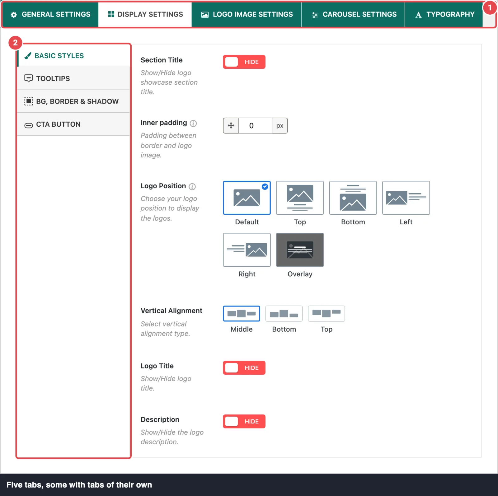 Shortcode Options tabs