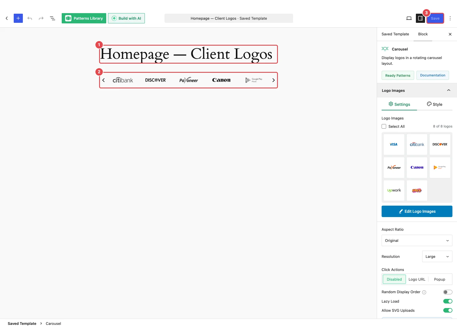The block editor open on a new Saved Template with a Logo Carousel block and the Publish button highlighted