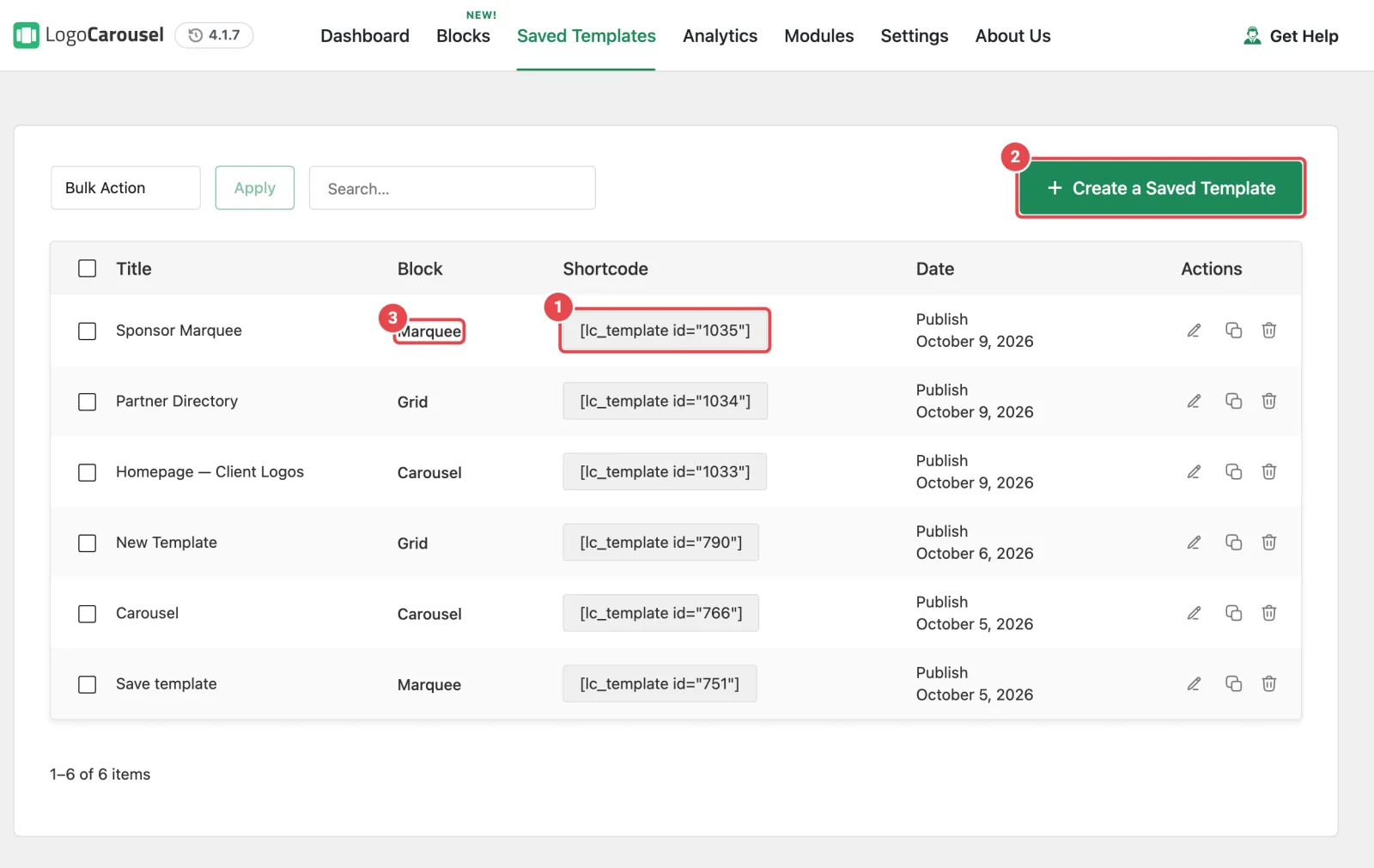 The Saved Templates tab with a list of templates