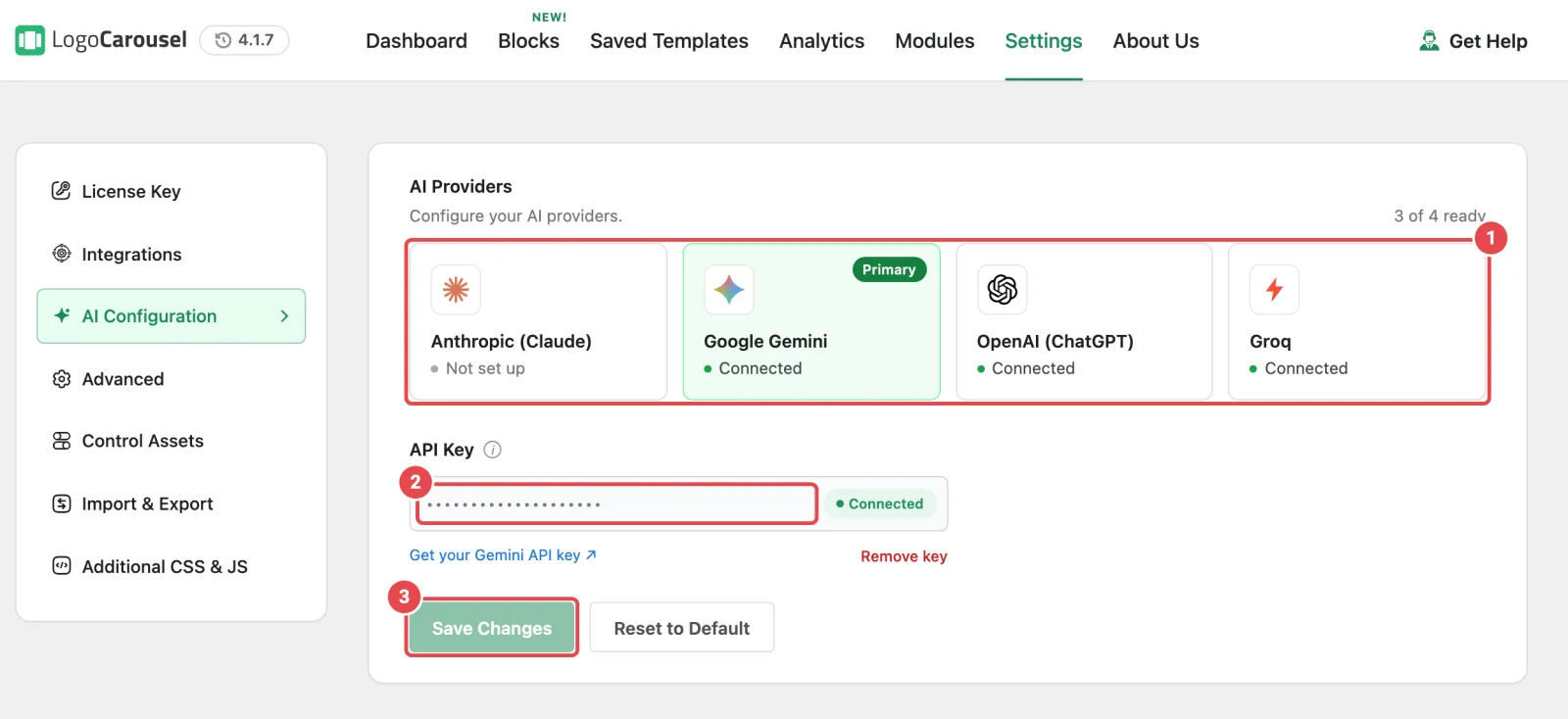 The AI Configuration tab with the four provider cards and the API Key field