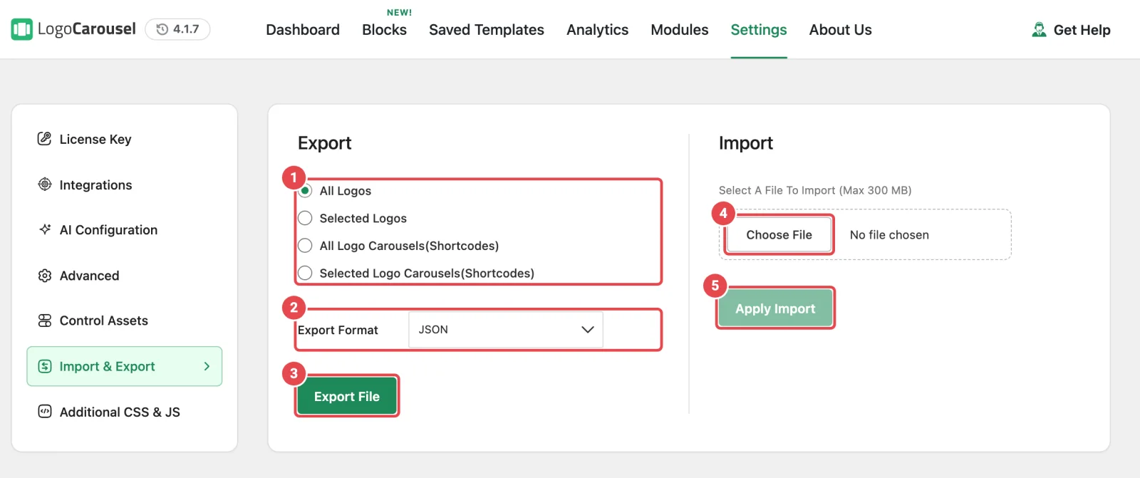 The Import & Export tab with export options on one side and the import file picker on the other