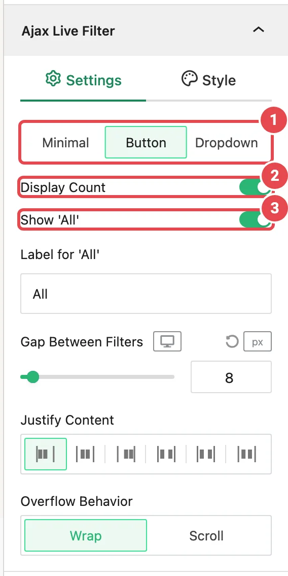 Ajax Live Filter panel, Settings tab