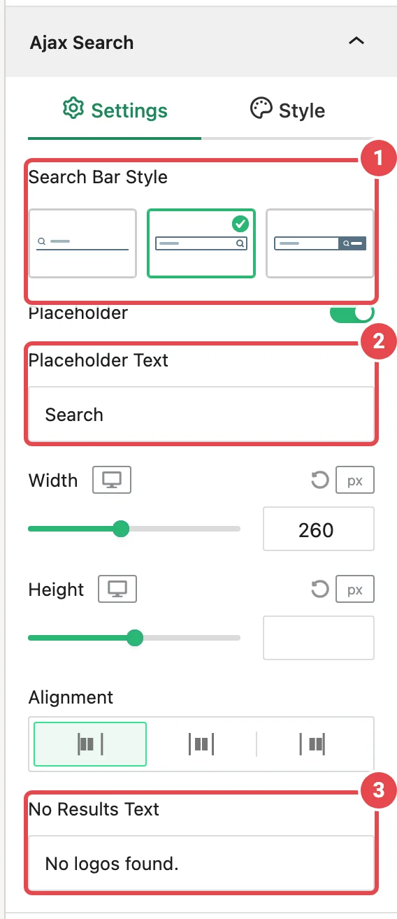Ajax Search panel, Settings tab