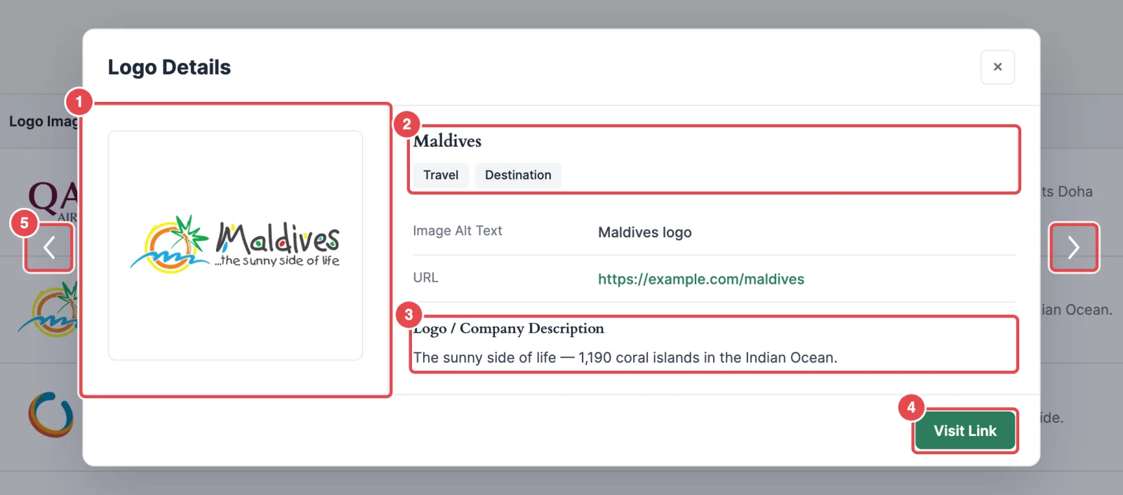 The Logo Details popup on the frontend