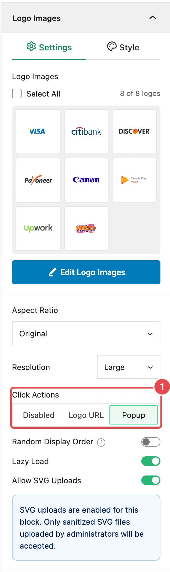 Click Actions set to Popup in the Logo Images panel