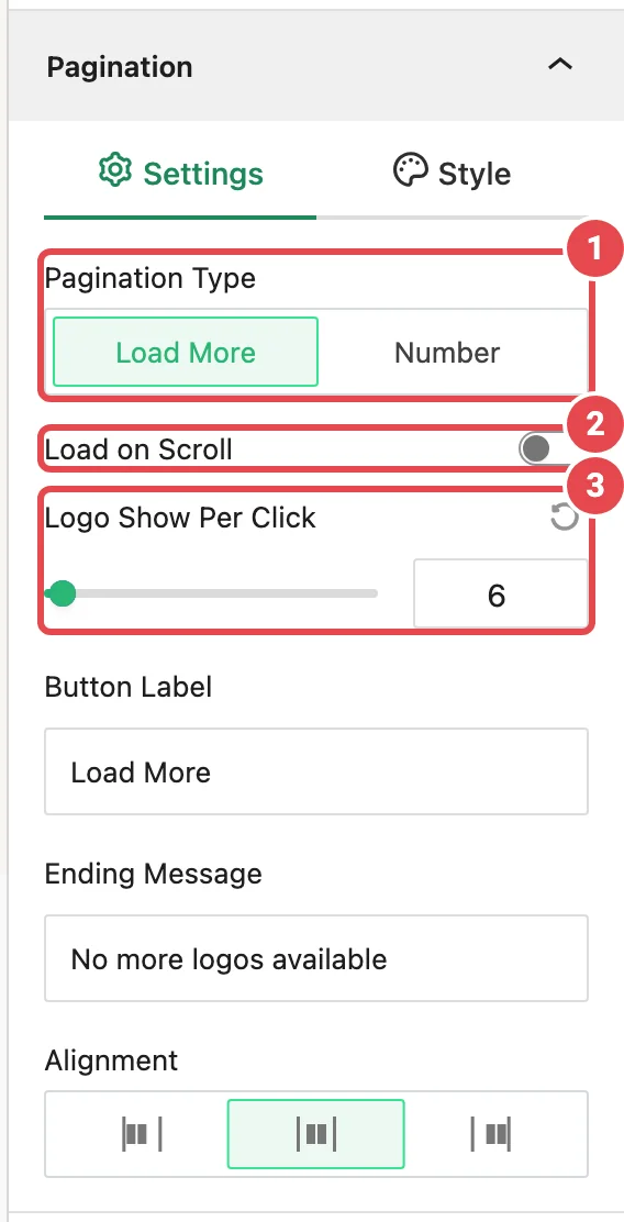 Pagination panel, Settings tab