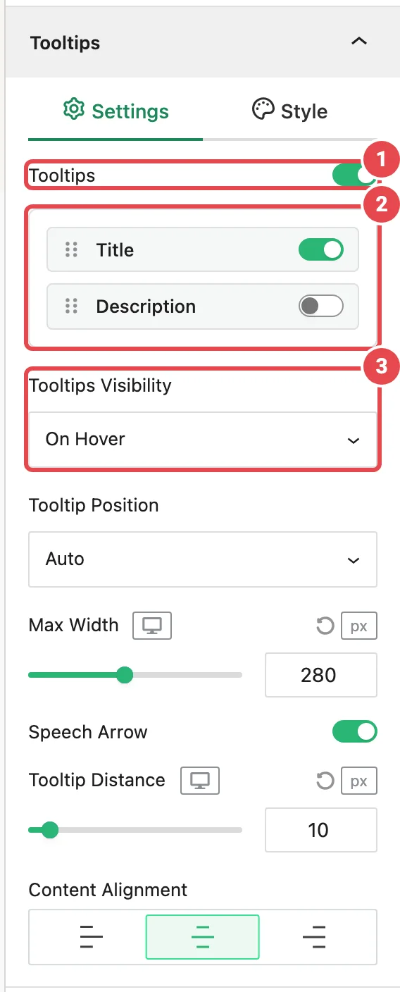 The Tooltips panel and a tooltip in the editor preview