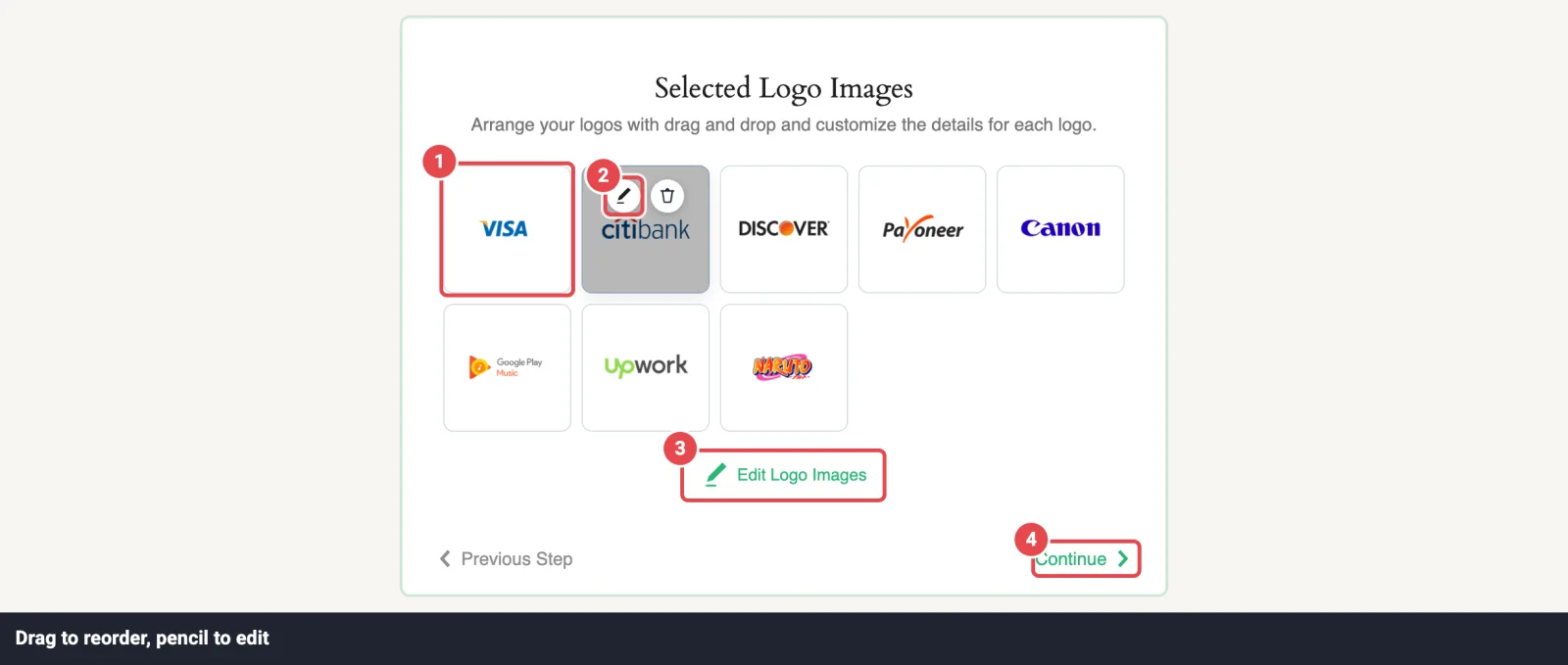 The Selected Logo Images screen