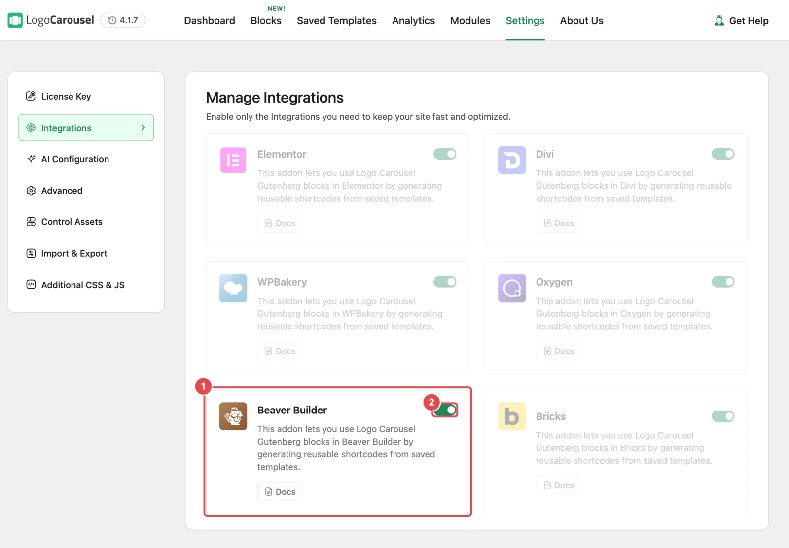 Settings, then Integrations, with the Beaver Builder card highlighted and its switch turned on