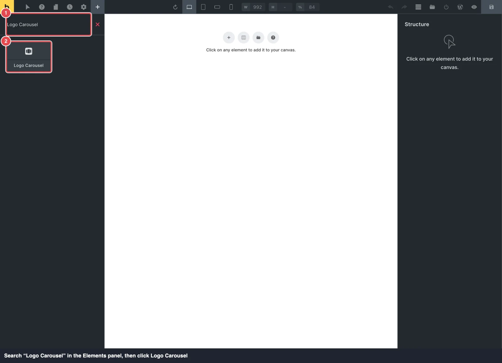 Bricks' Elements panel searched for Logo Carousel, with the search box and the Logo Carousel element highlighted
