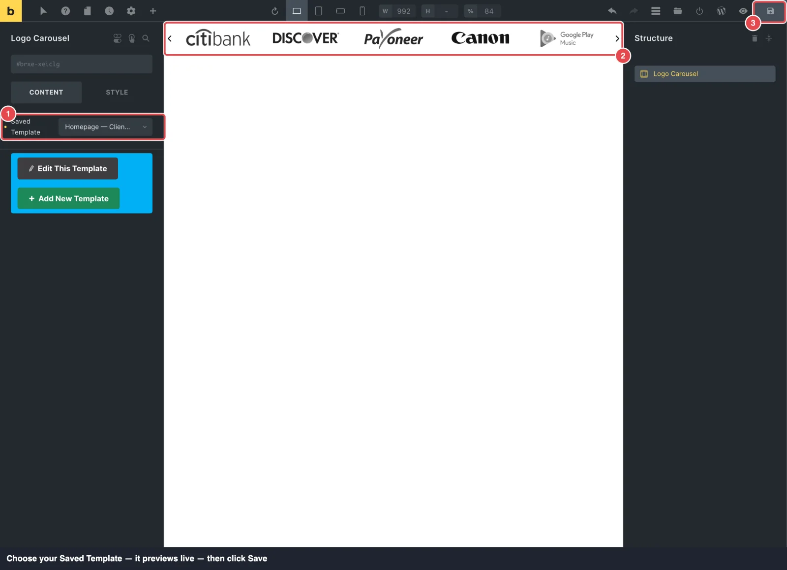 The Logo Carousel element settings with the Saved Template dropdown, the Edit This Template and Add New Template buttons, and the showcase previewing on the canvas