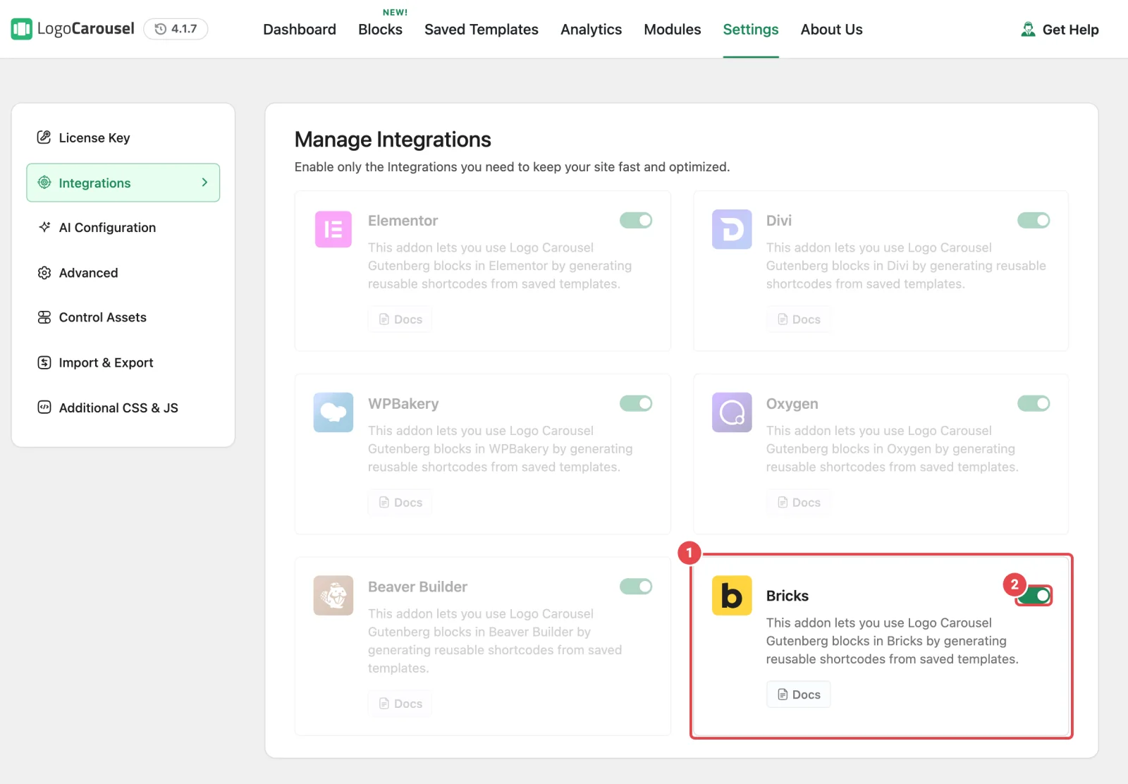 Settings, then Integrations, with the Bricks card highlighted and its switch turned on
