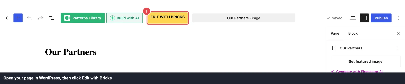 The WordPress block editor with the Edit with Bricks button highlighted in the top toolbar