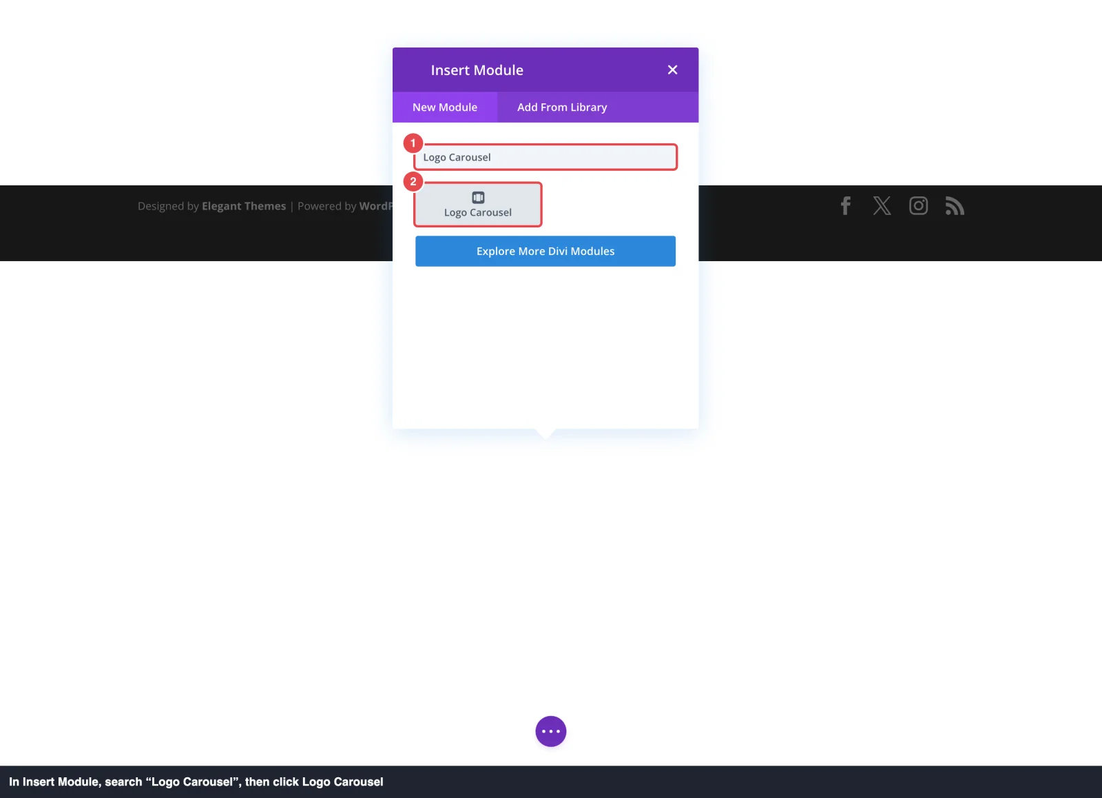 Divi 4's Insert Module window searched for Logo Carousel, with the search box and the Logo Carousel module highlighted