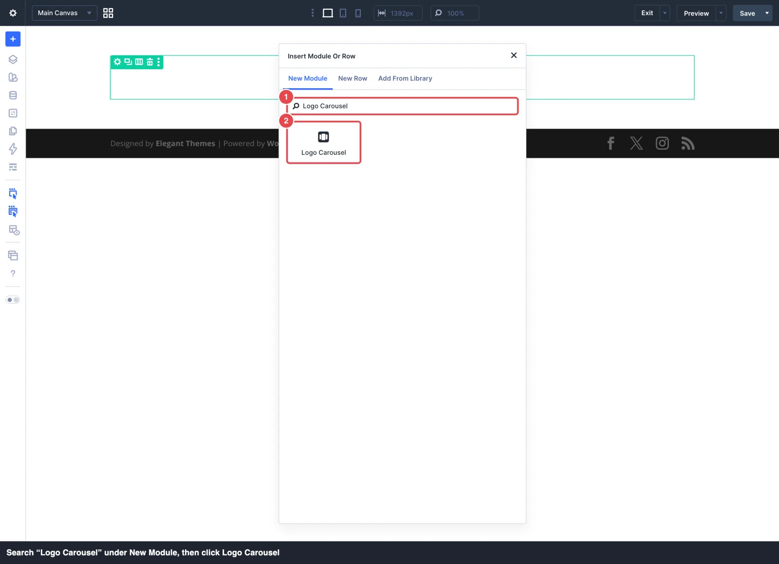 Divi 5's insert-module window searched for Logo Carousel, with the search box and the Logo Carousel module highlighted