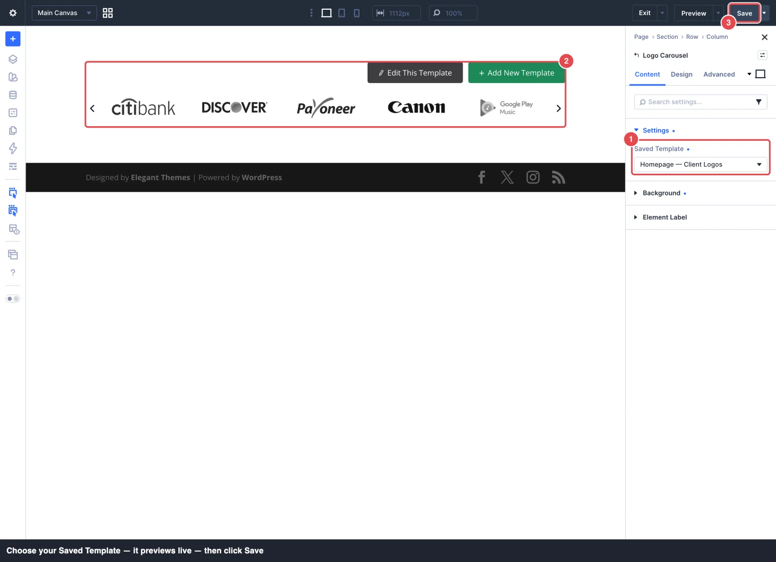 Divi 5's Logo Carousel settings with the Saved Template dropdown set, the showcase previewing on the canvas, and the Save button highlighted