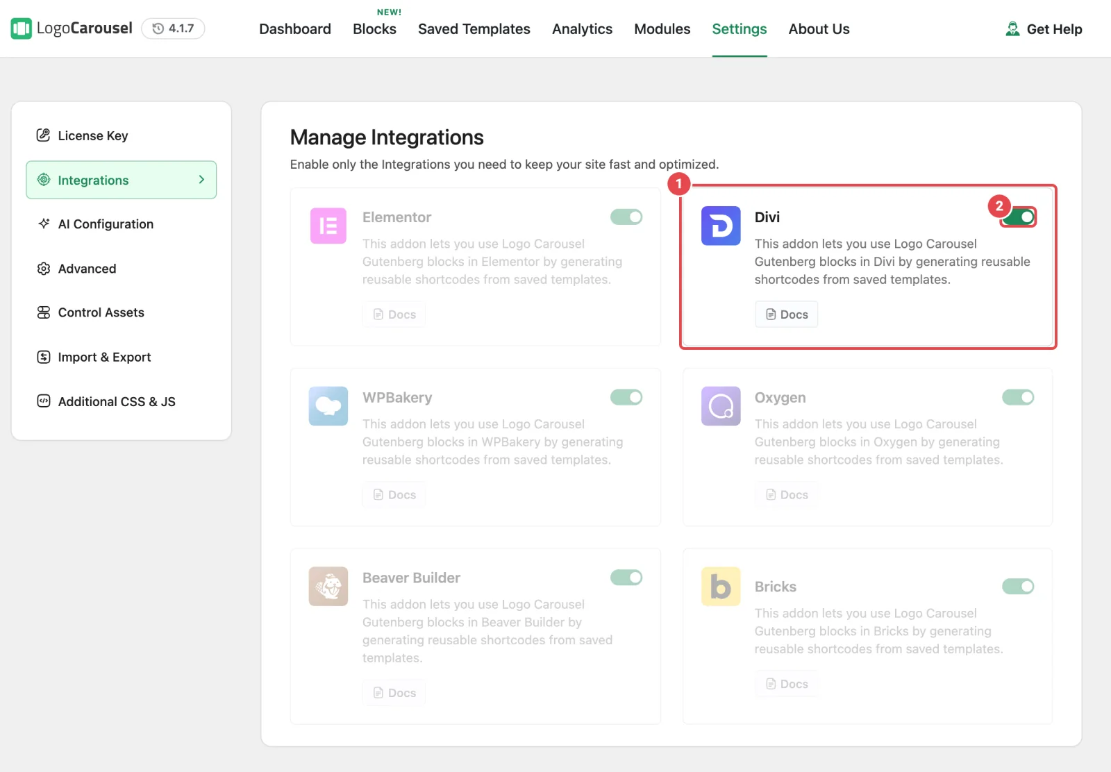Settings, then Integrations, with the Divi card highlighted and its switch turned on