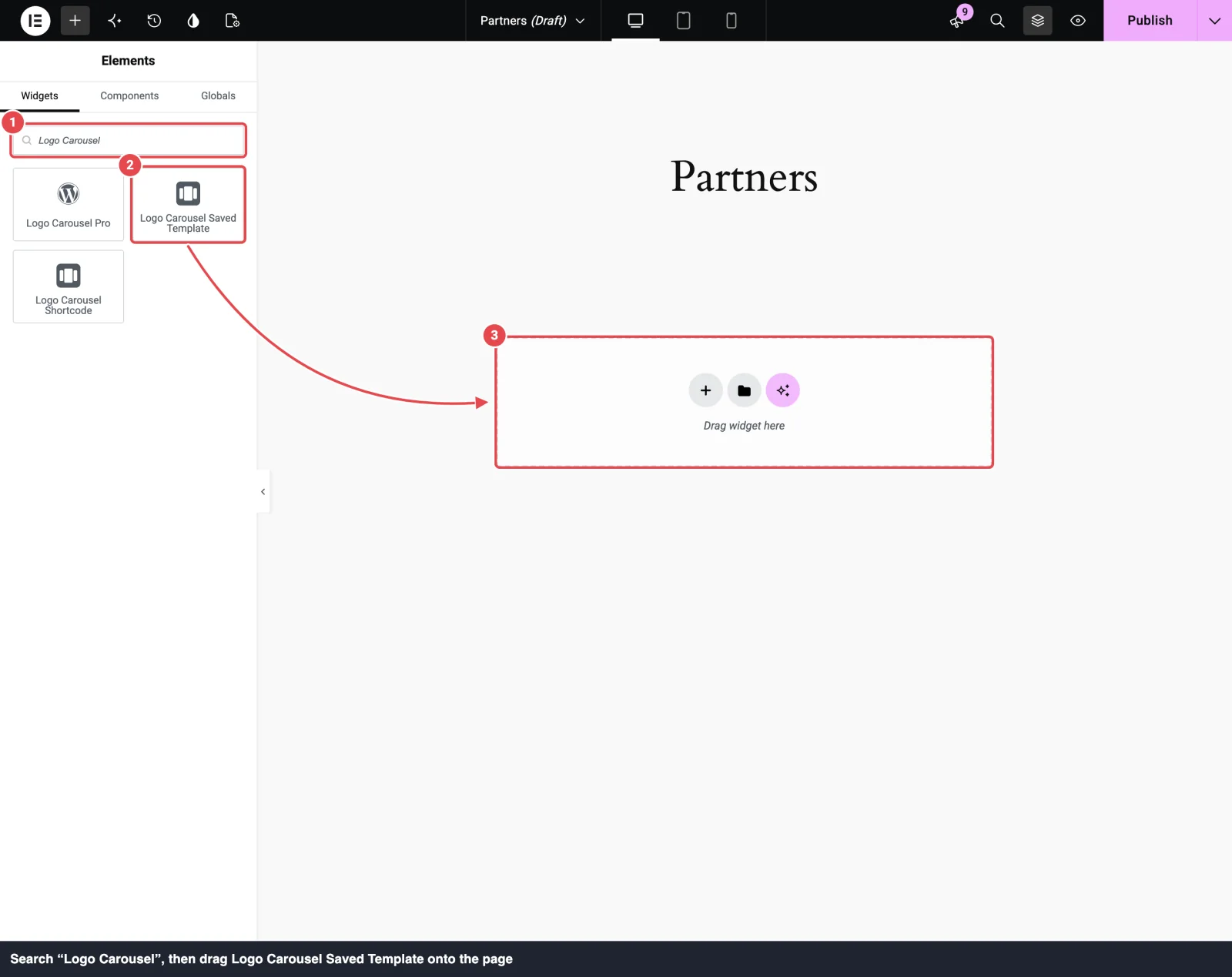 Elementor's Elements panel searched for Logo Carousel, with the Logo Carousel Saved Template widget highlighted and an arrow showing where to drag it