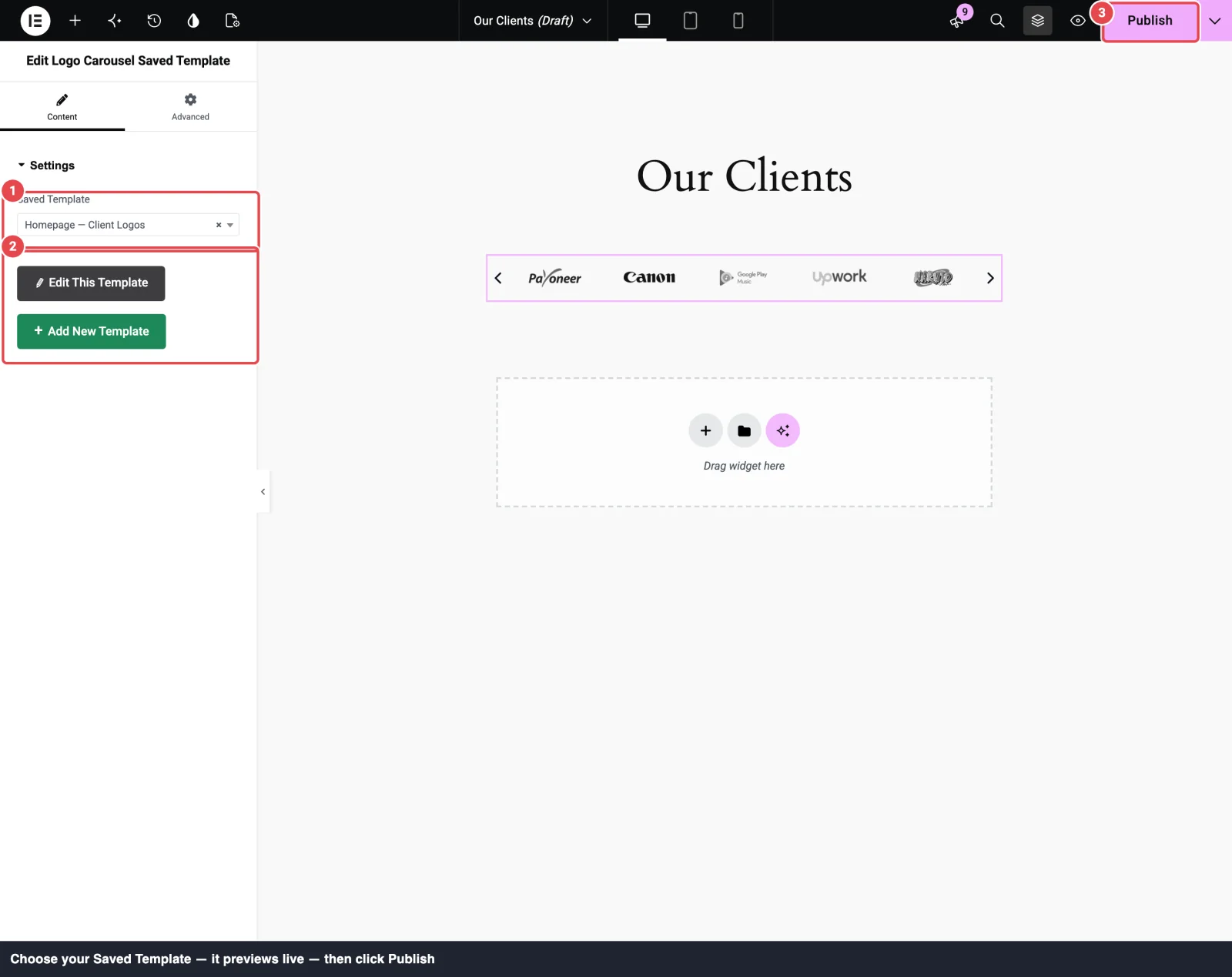 The widget panel with the Saved Template dropdown open, the showcase previewing on the canvas, and the Publish button highlighted