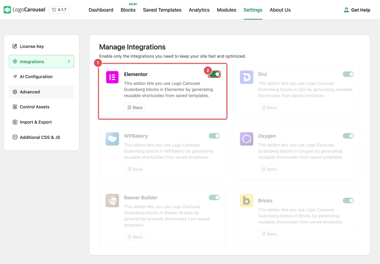 Settings, then Integrations, with the Elementor card highlighted and its switch turned on