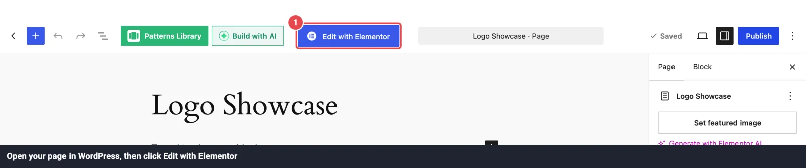 The WordPress block editor with the Edit with Elementor button highlighted in the top toolbar