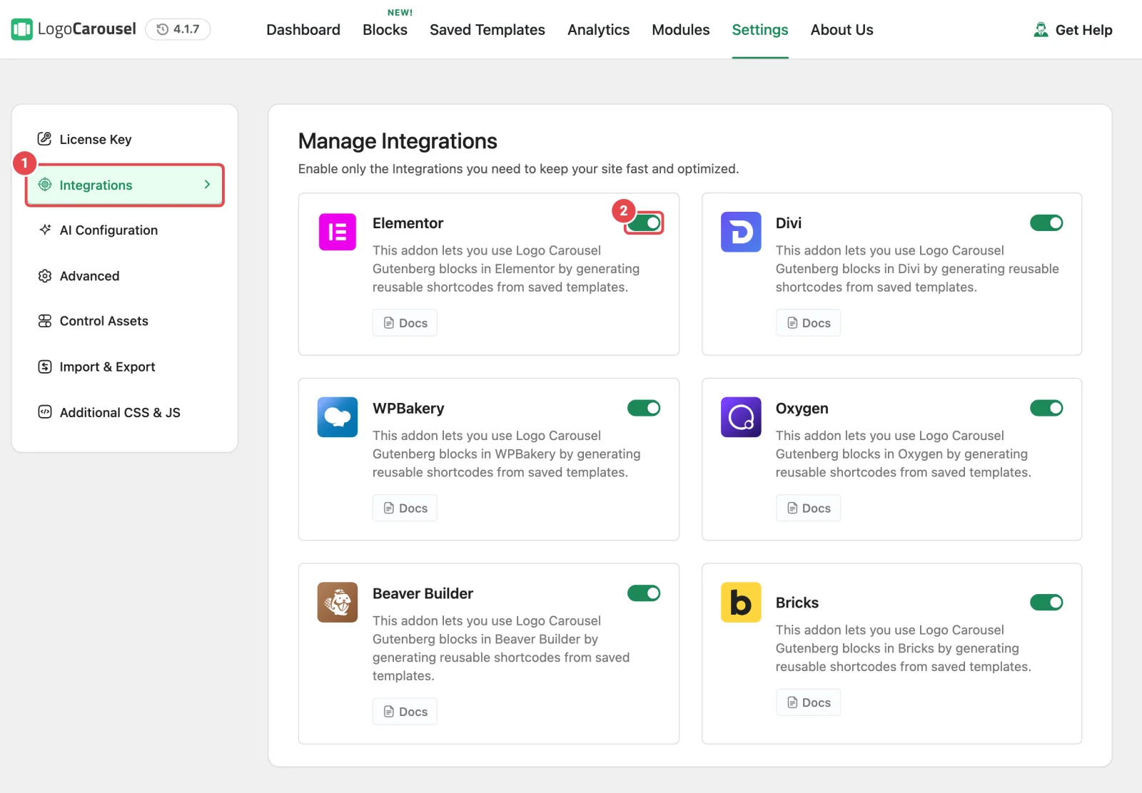 Settings, then Integrations, showing the Manage Integrations panel with six page builder cards, each with its own switch