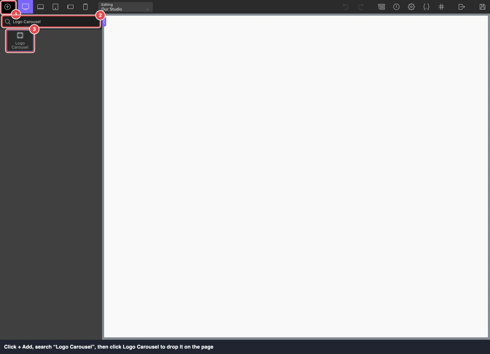 Oxygen's Add panel searched for Logo Carousel, with the + Add button and the Logo Carousel element highlighted