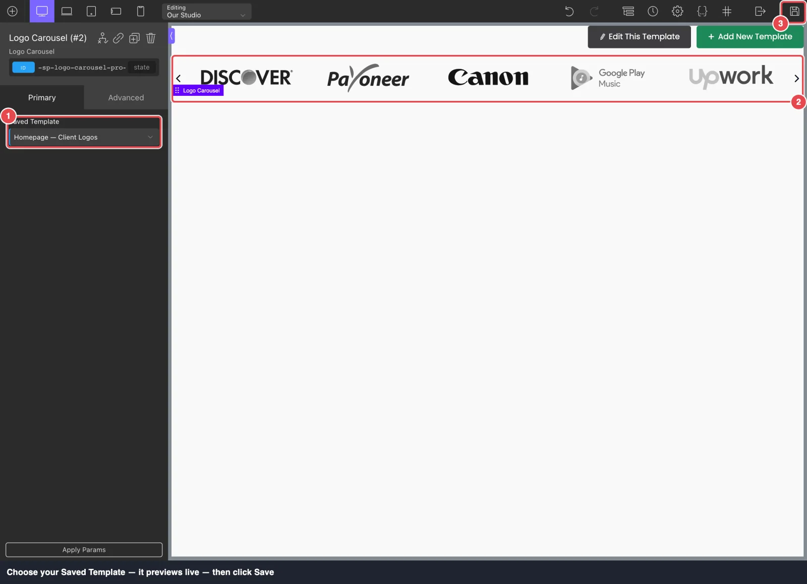 The Logo Carousel settings with the Saved Template dropdown, the showcase previewing on the canvas, and the Save button highlighted