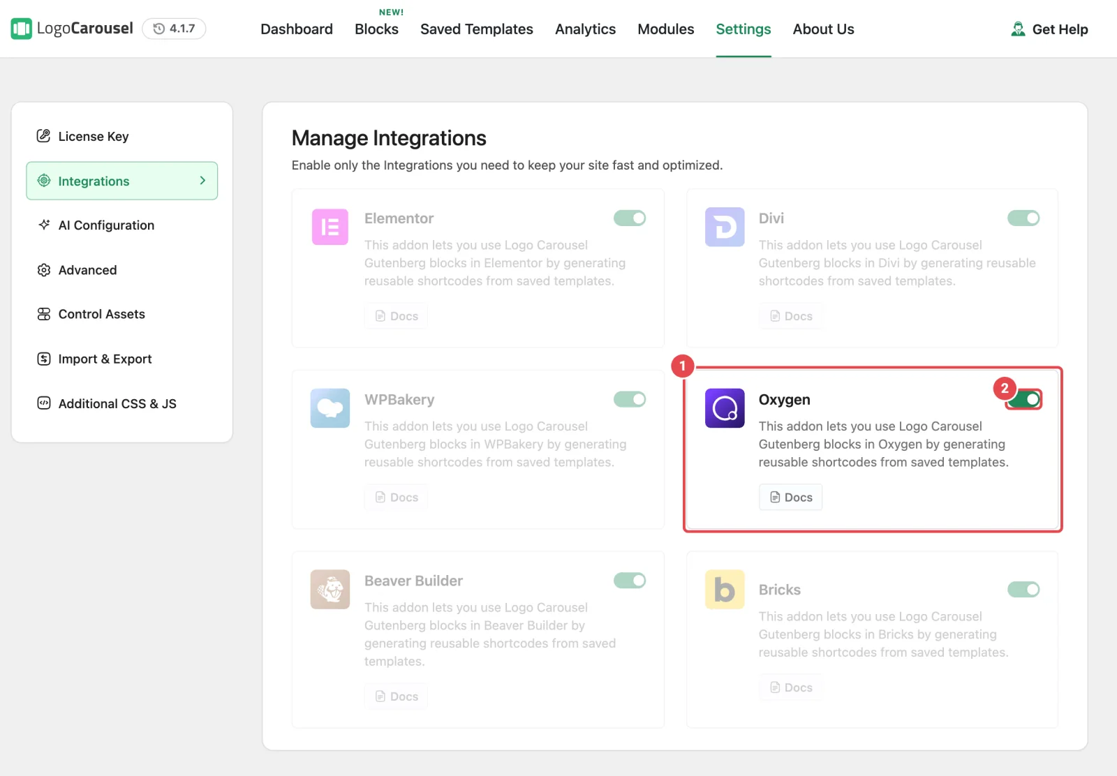 Settings, then Integrations, with the Oxygen card highlighted and its switch turned on