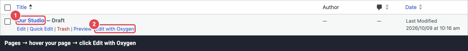 The Pages list with a page's Edit with Oxygen link highlighted