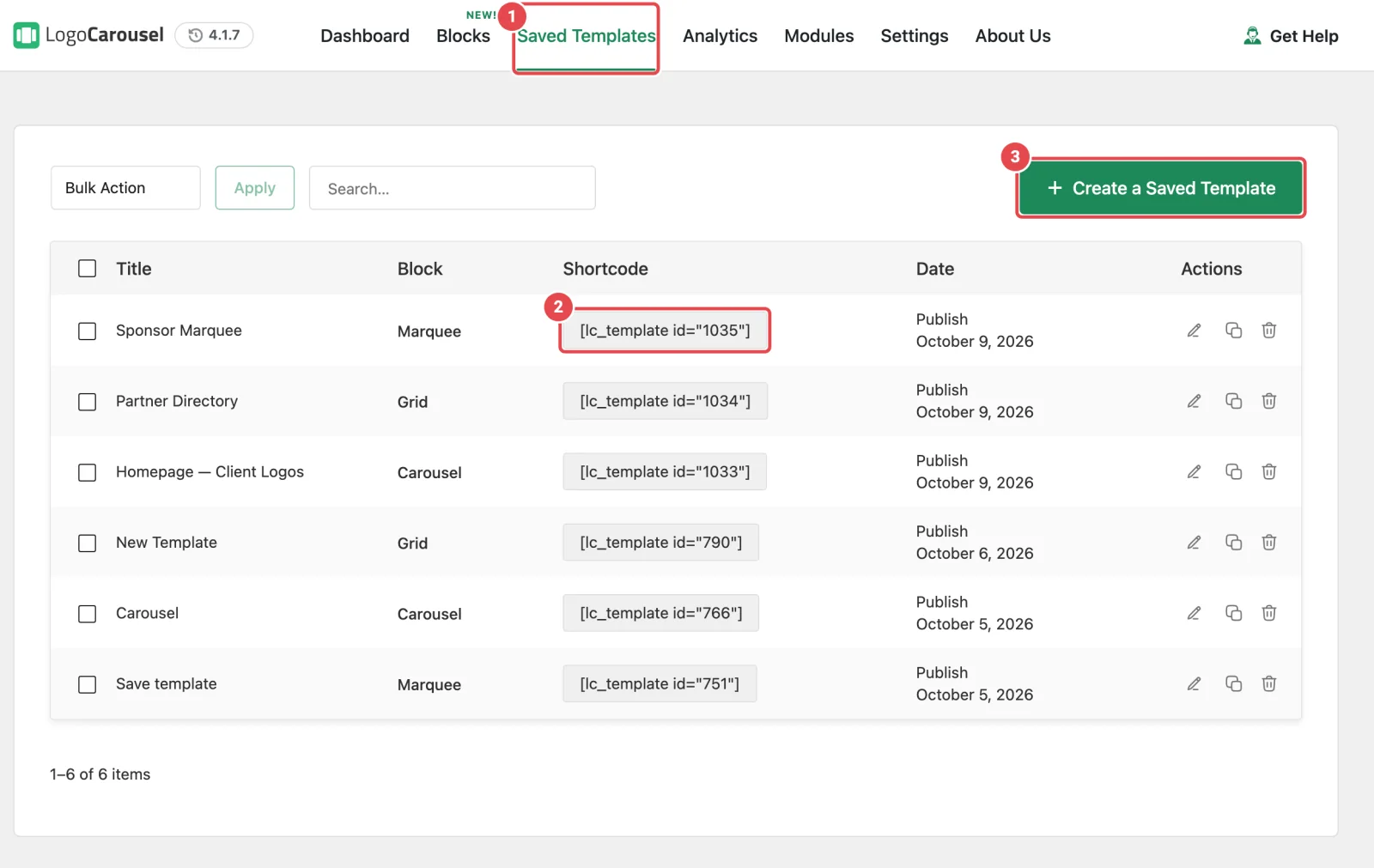 The Saved Templates tab, with a template's click-to-copy shortcode and the Create a Saved Template button highlighted