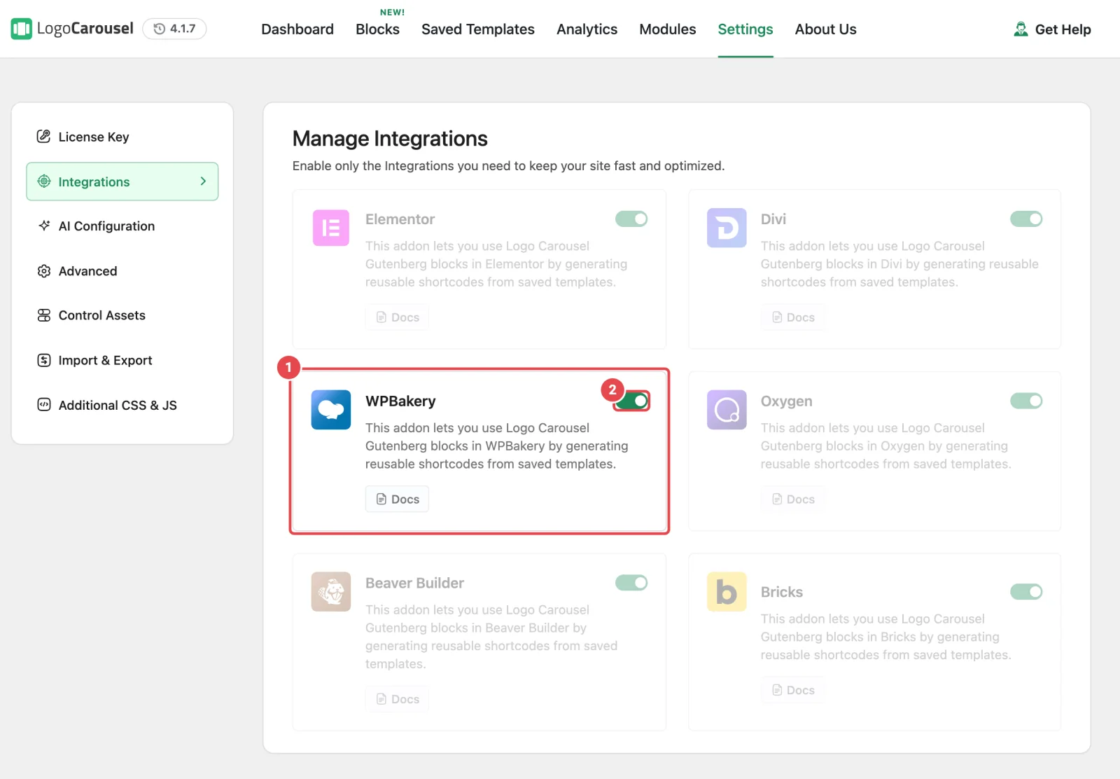 Settings, then Integrations, with the WPBakery card highlighted and its switch turned on
