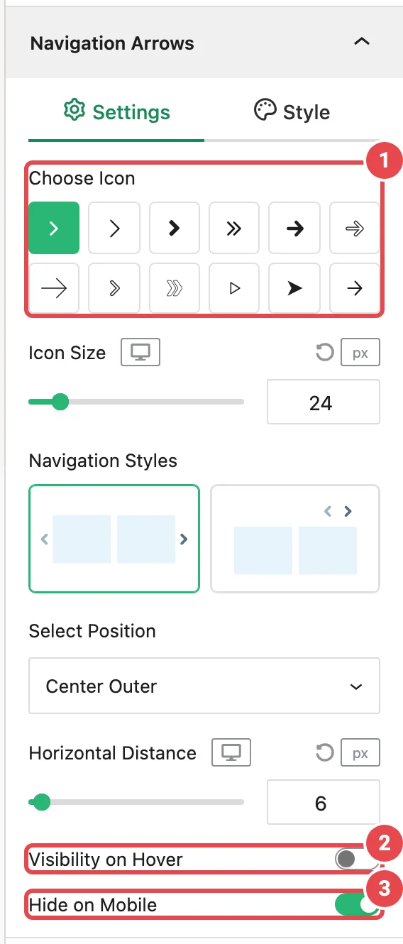 The Navigation Arrows panel with Visibility on Hover and Hide on Mobile switched on