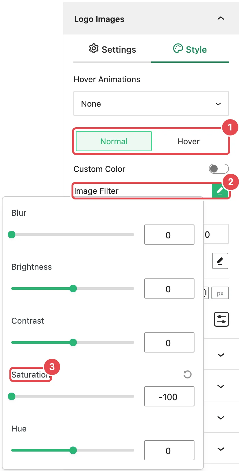 Logo Images Style tab with the Image Filter popup open and Saturation at -100