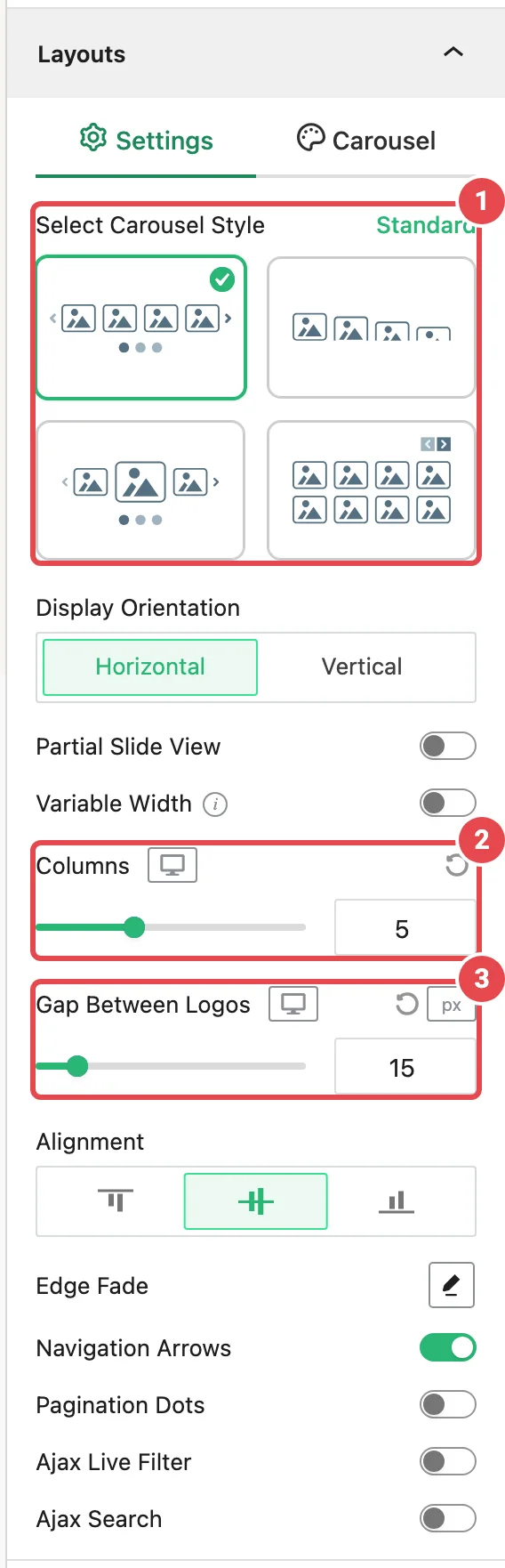 The Layouts panel Settings tab with Standard style and Columns set per device