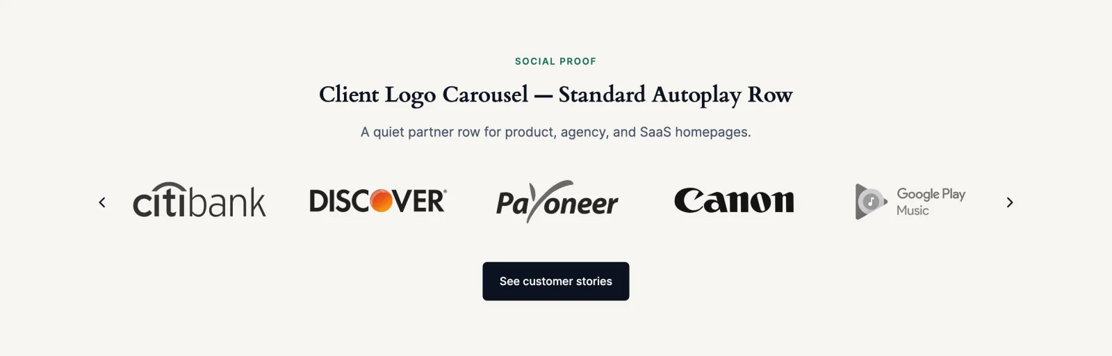 A finished "Trusted by" carousel under a page hero, five grey client logos in a row
