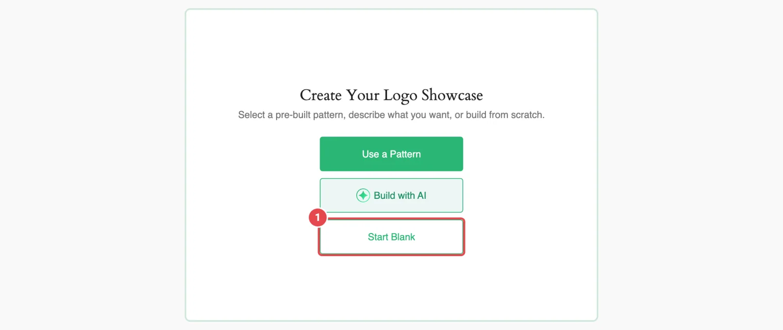 The Create Your Logo Showcase start screen with Use a Pattern, Build with AI and Start Blank