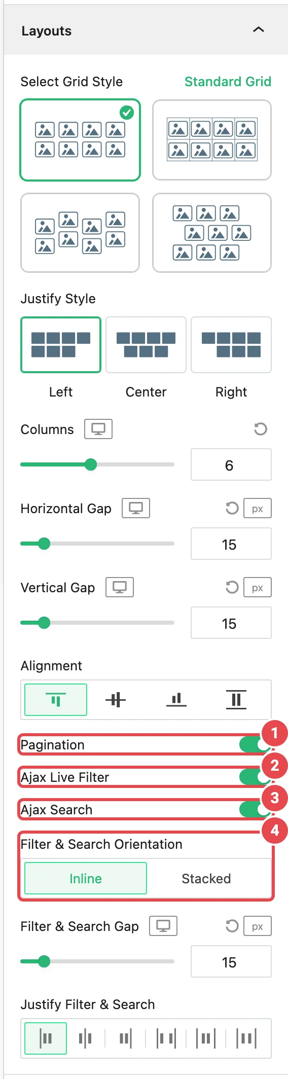 Layouts panel with Pagination, Ajax Live Filter and Ajax Search switched on and the Filter & Search options visible