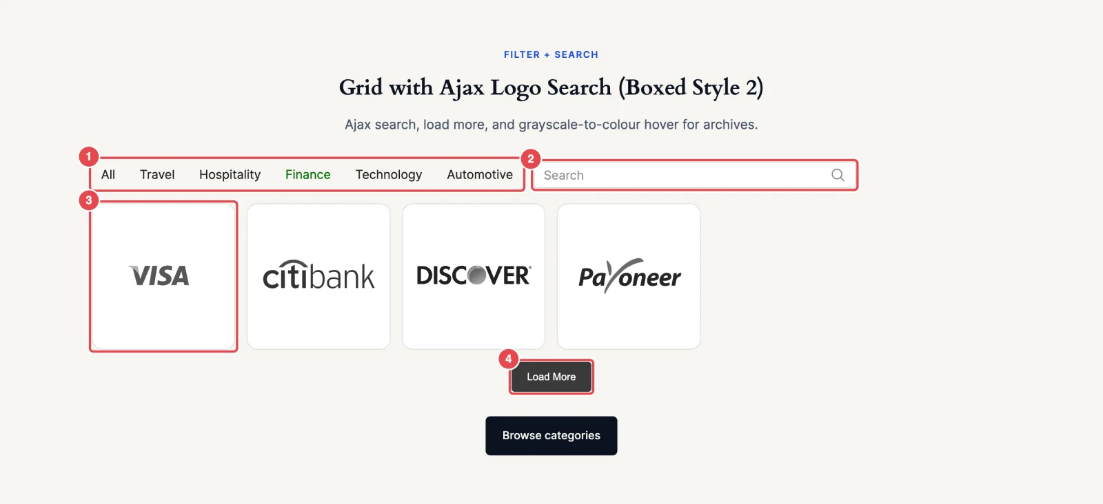 The finished partner directory with category buttons, a search box, a grid of logos and a Load More button