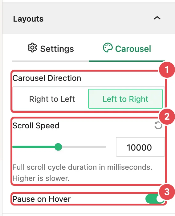 The Marquee Layouts panel, Carousel tab, with Carousel Direction, Scroll Speed and Pause on Hover